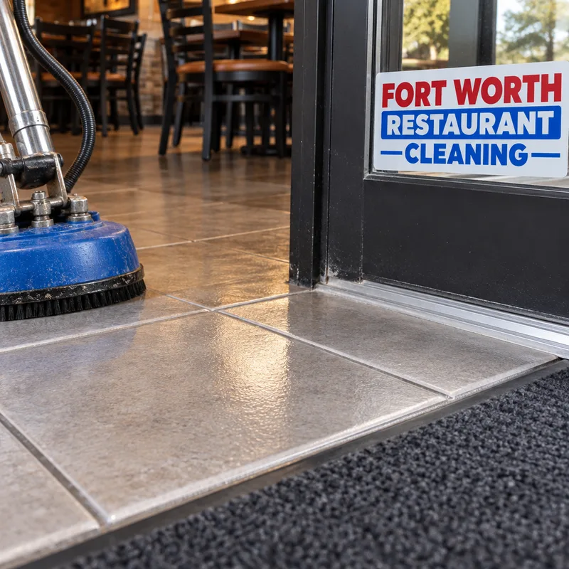 Detailed tile-and-grout floor transition at a commercial entryway with clean edges and corners
