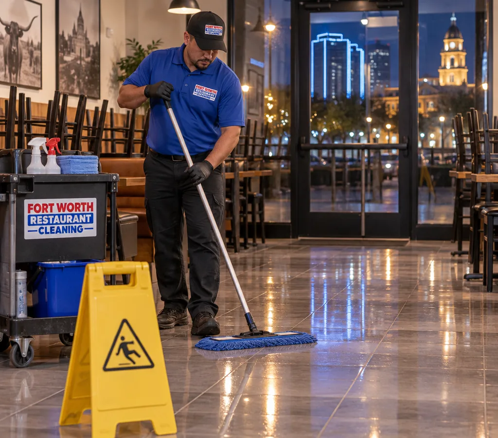 After-hours commercial cleaner mopping a polished Fort Worth storefront floor near a wet-floor sign and equipment cart