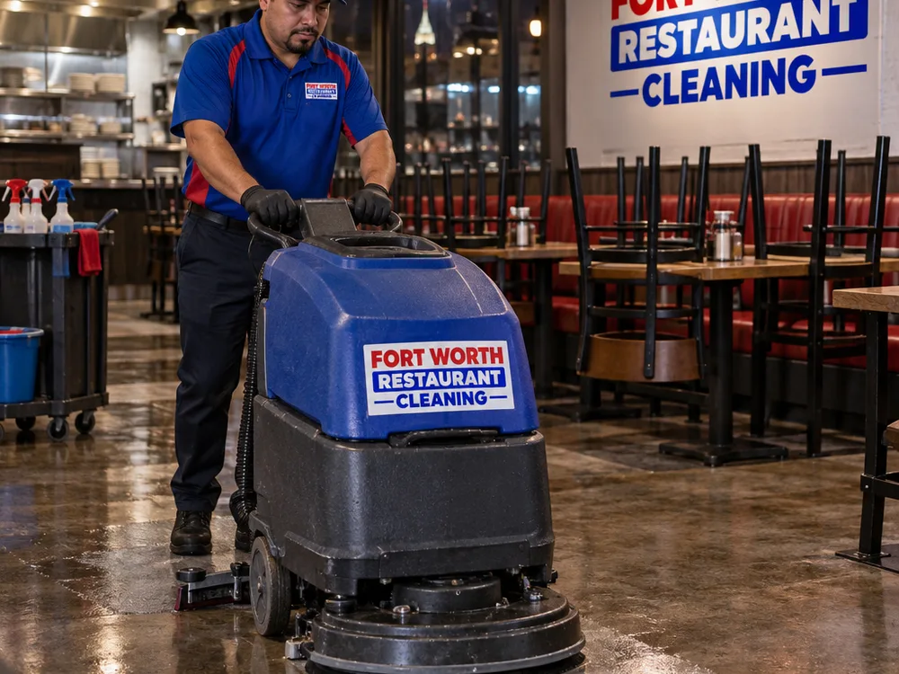 Cleaner operating a commercial floor scrubber in a closed dining or retail area at night
