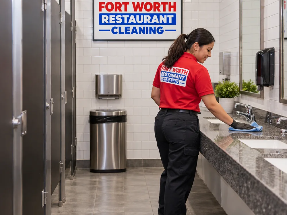 Clean and stocked commercial restroom with polished fixtures, dry floors, and trash removed after service