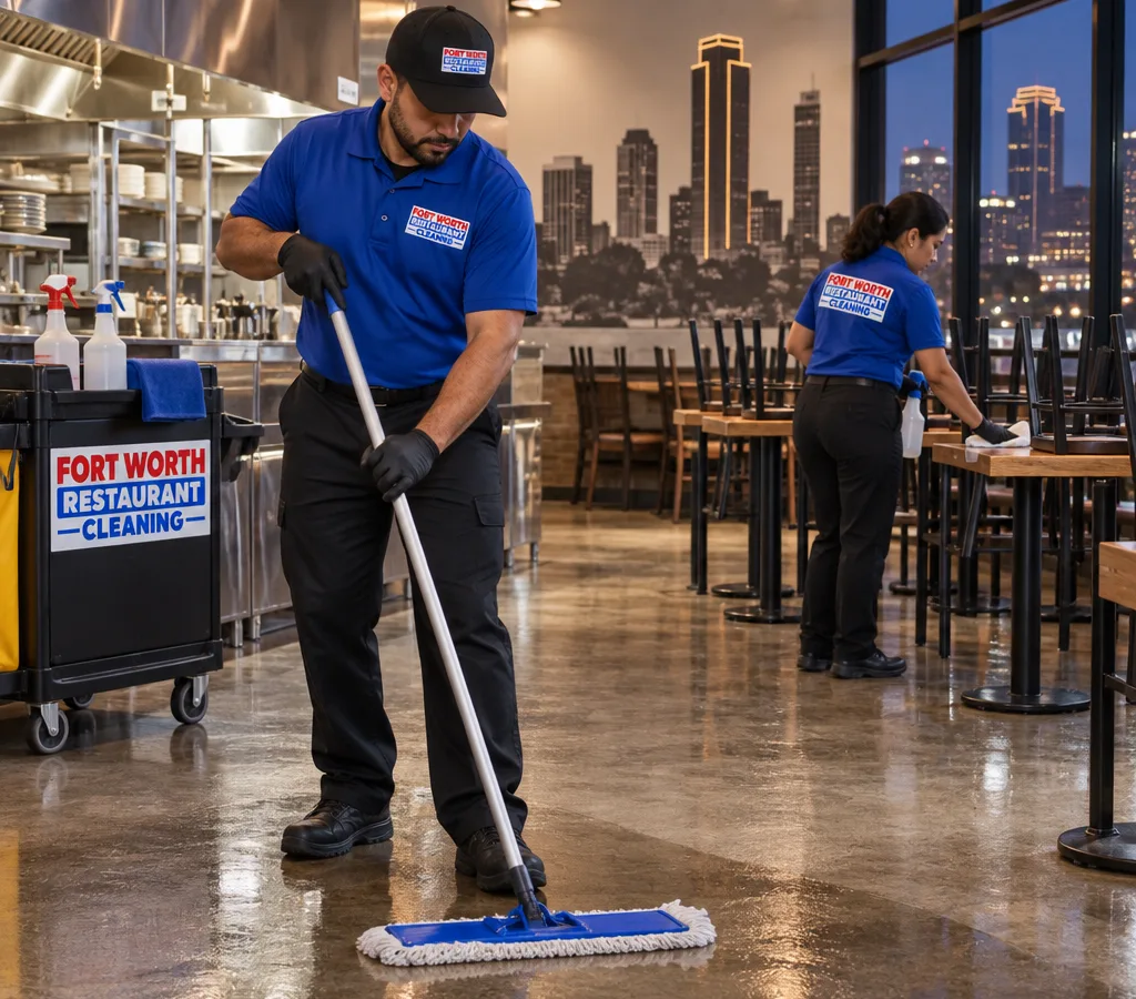 Professional restaurant cleaners mopping and detailing a closed dining area after hours
