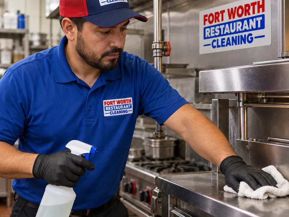 Cleaner wiping stainless steel surfaces around a commercial kitchen service line