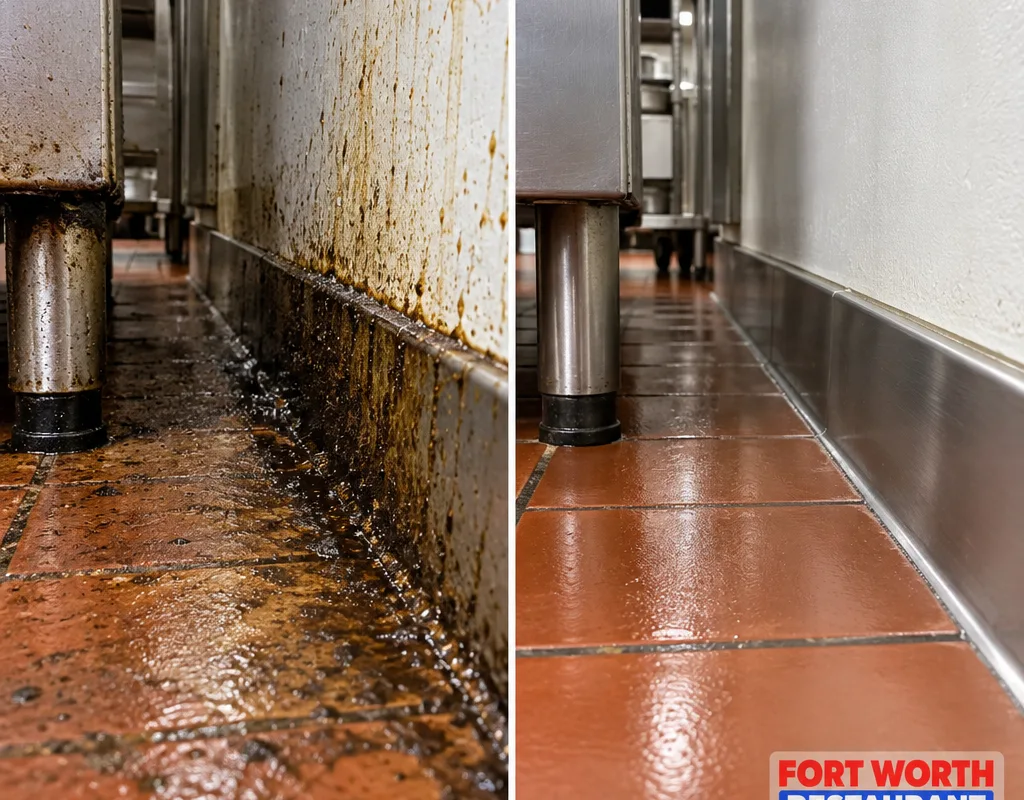 Before and after view of grease removed from a commercial kitchen floor edge and wall base