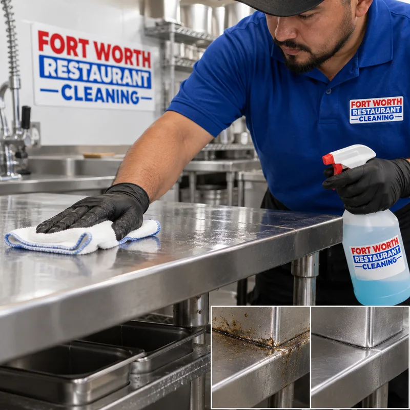 Degreasing stainless prep tables, undershelves, seams, edges, and corners