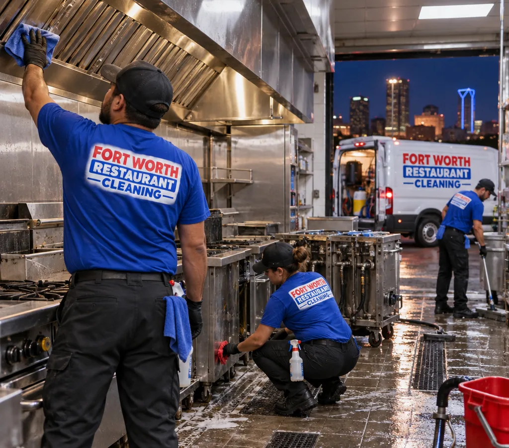 After-hours crew deep cleaning a commercial kitchen line in Fort Worth