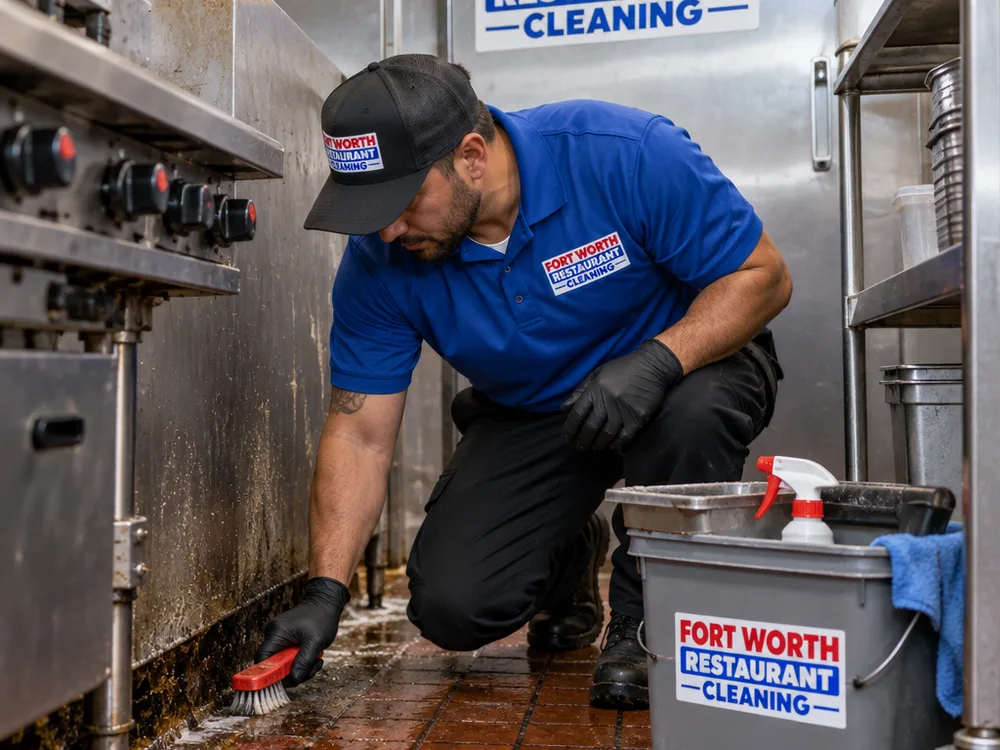 Cleaner detailing floor edges and wall bases behind a commercial range and prep line