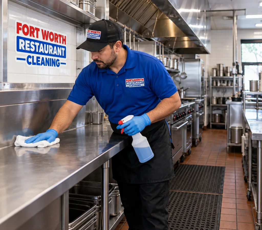 Professional cleaner in PPE wiping stainless prep tables and backsplash in a working commercial kitchen