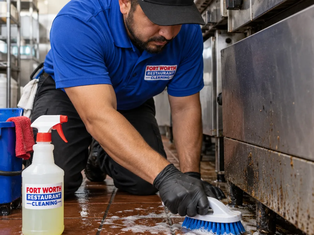 Technician scrubbing greasy floor tile and grout beneath a commercial cook line