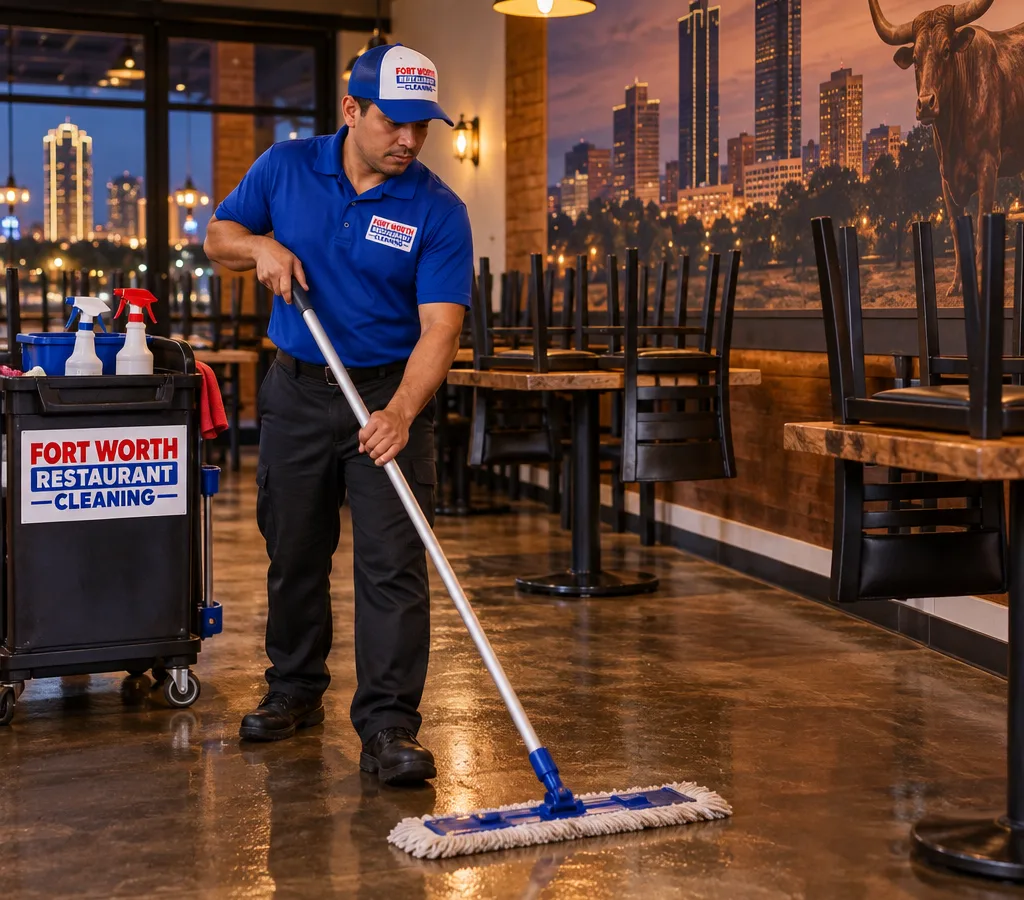Professional cleaner mopping a restaurant dining room after hours with tables staged and clean floor edges