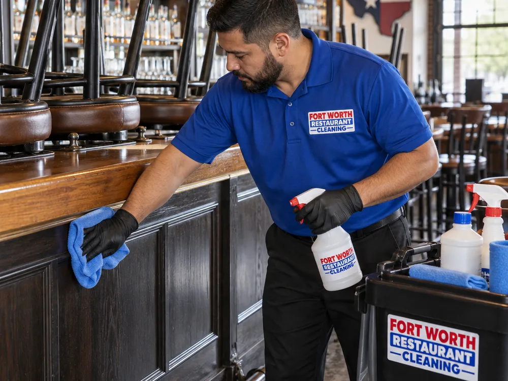 Cleaner detailing a restaurant bar front and sanitizing high-touch surfaces with stools lifted for floor access