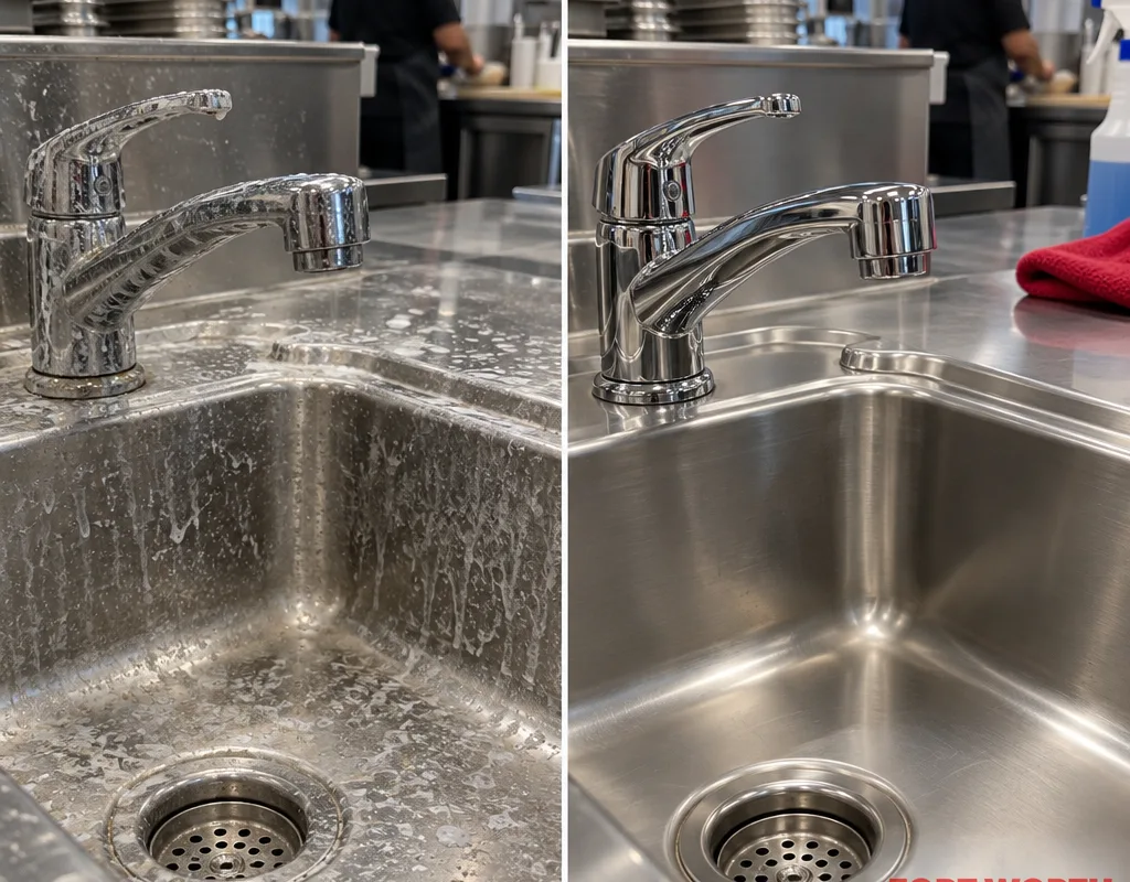 Before and after comparison showing soap residue removed from a restroom sink, faucet, and counter