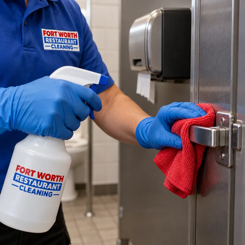Gloved cleaner disinfecting restaurant restroom high-touch points including a handle, latch, and dispenser