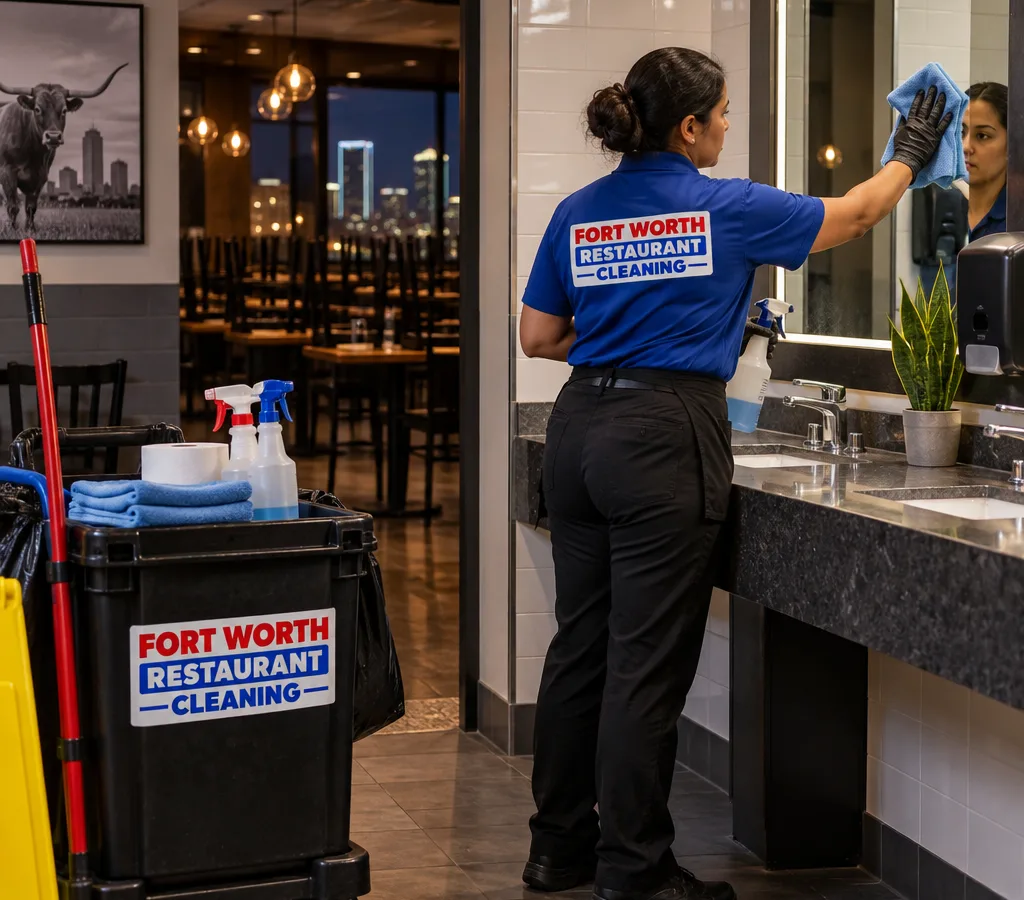 After-hours janitorial technician cleaning a restaurant restroom sink, mirror, and counter