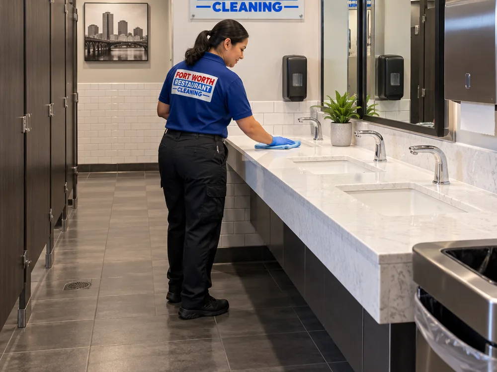 Freshly cleaned restaurant restroom with streak-free mirrors, clean sinks, stocked dispensers, and dry floors