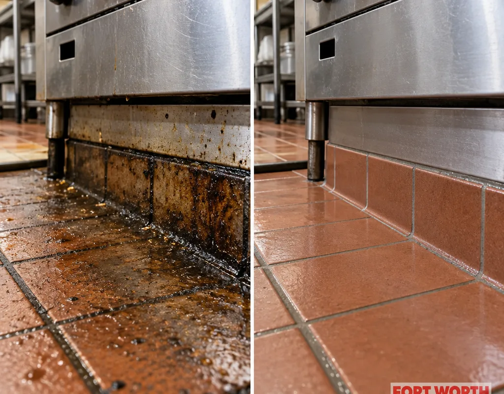 Before-and-after comparison showing grease buildup removed from a cook-line floor edge, cove base, tile, and grout