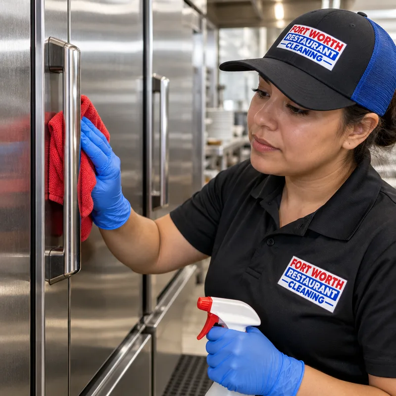 Streak-free stainless equipment fronts and sanitized high-touch handles after detailed kitchen cleaning
