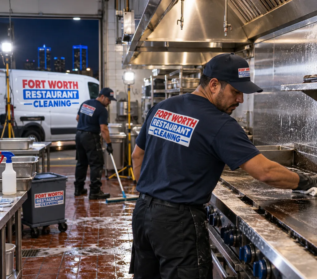 Technicians degreasing stainless equipment, the cook line, and floors in an after-hours restaurant kitchen