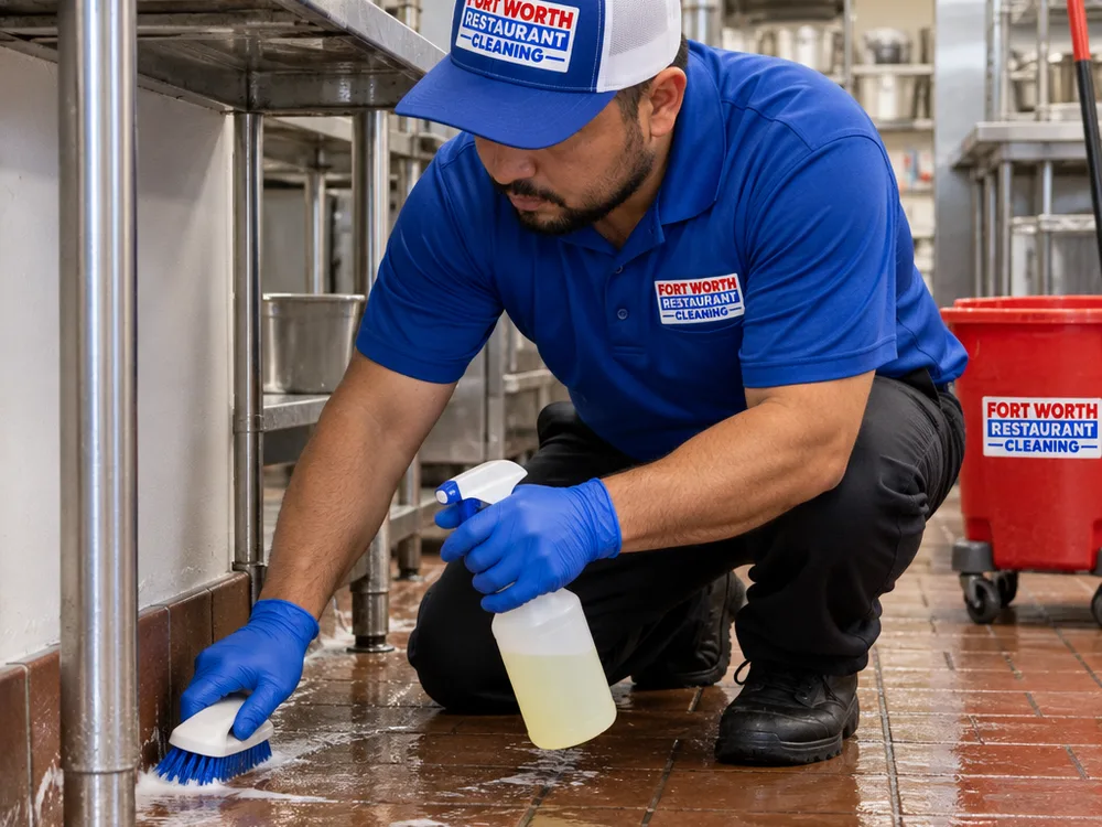 Technician applying degreaser and scrubbing stainless prep-table legs and floor edges along cove base