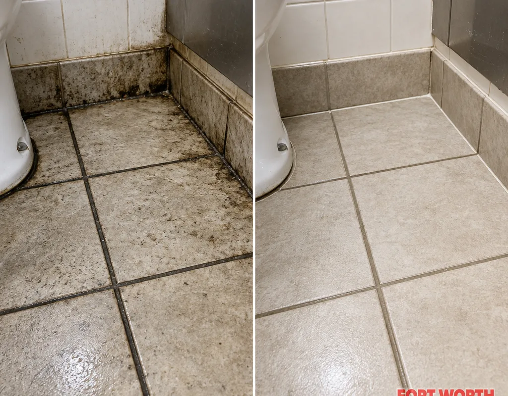 Before-and-after comparison of a tiled restroom floor edge and grout line with dark buildup removed near the baseboard