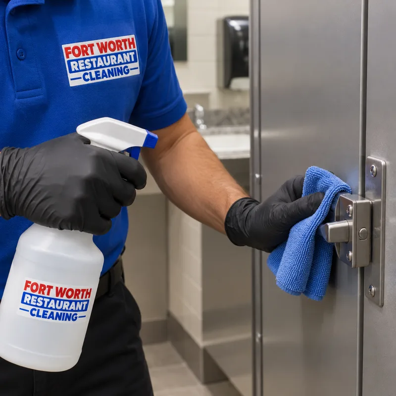 Gloved cleaner disinfecting a commercial restroom stall latch and door handle with a labeled disinfectant and microfiber cloth