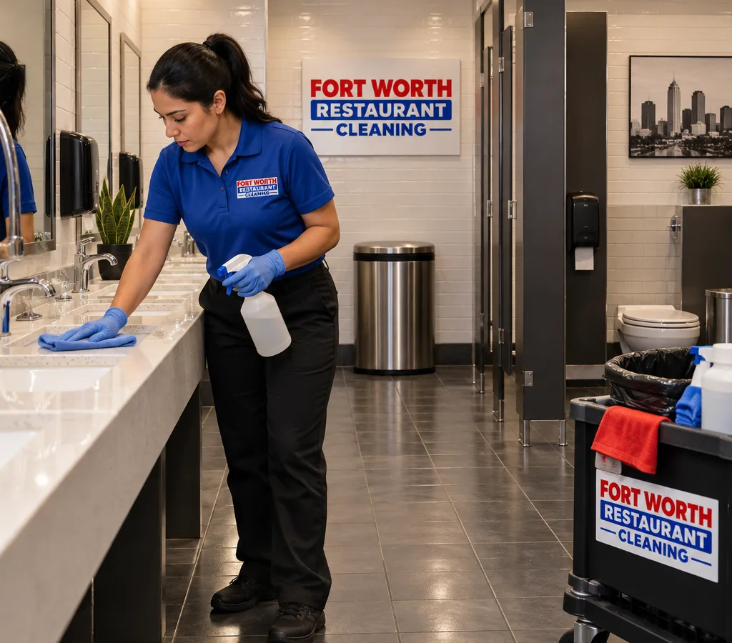 Spotless restaurant restroom with clean sinks, mirrors, toilets, stocked dispensers, and dry streak-free floors