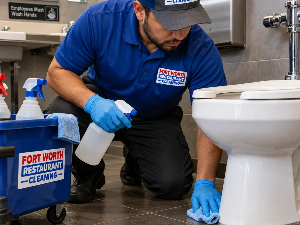Technician cleaning and disinfecting the base of a commercial toilet and the surrounding floor perimeter
