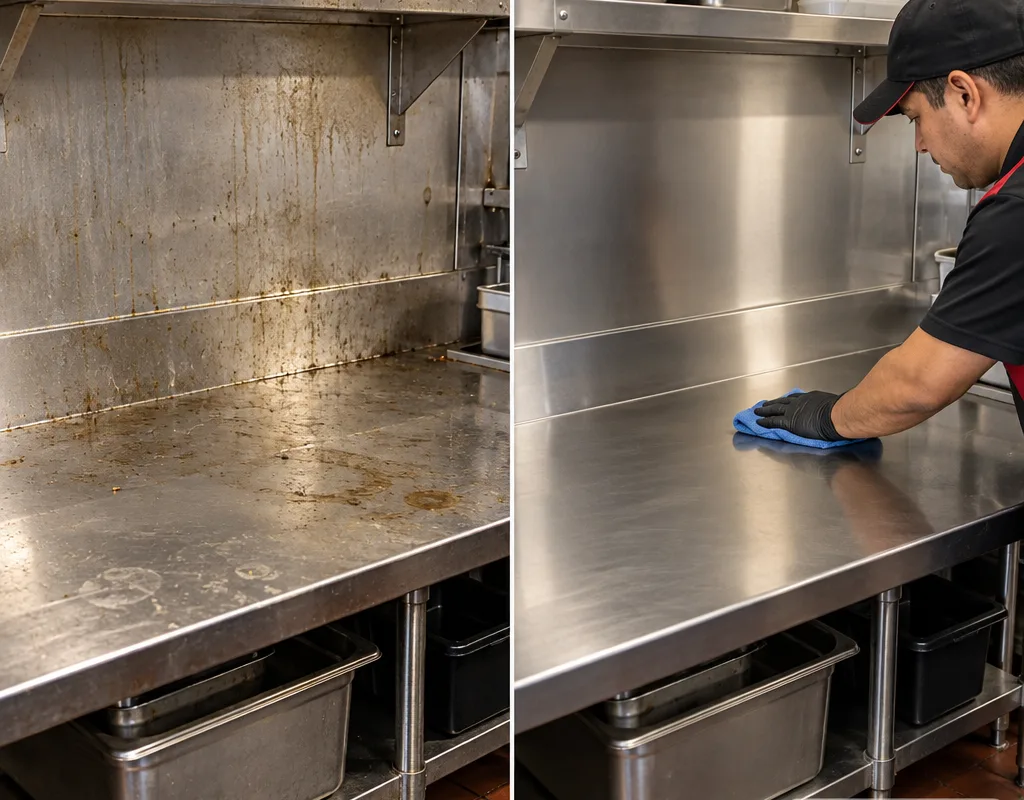 Before and after stainless prep table and backsplash showing removal of grease film and streaks