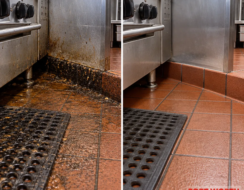 Before and after restaurant kitchen floor corner showing grease removal along the cove base and under-mat area