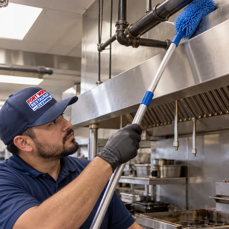 Technician performing high dusting above a restaurant cook line with an extension pole and microfiber head