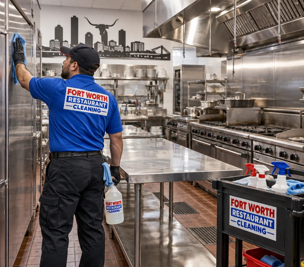 Commercial restaurant kitchen after cleaning with degreased stainless prep tables, cooking line, and hood perimeter