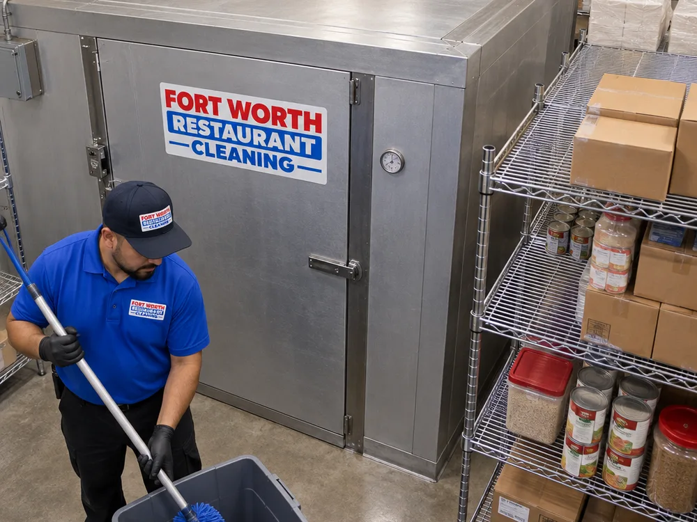 High dusting completed above a walk-in cooler and dry storage shelving with debris contained during cleanup