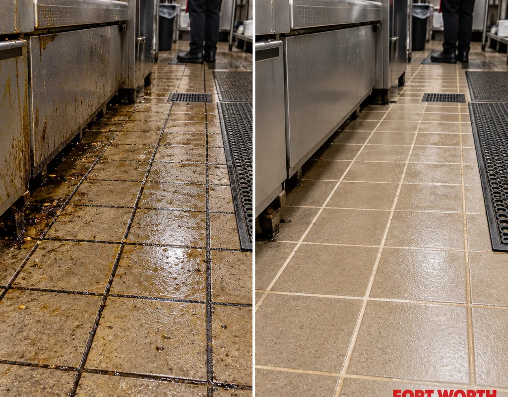 Before-and-after restaurant kitchen tile showing greasy dark grout beside lighter grout after degreasing and extraction