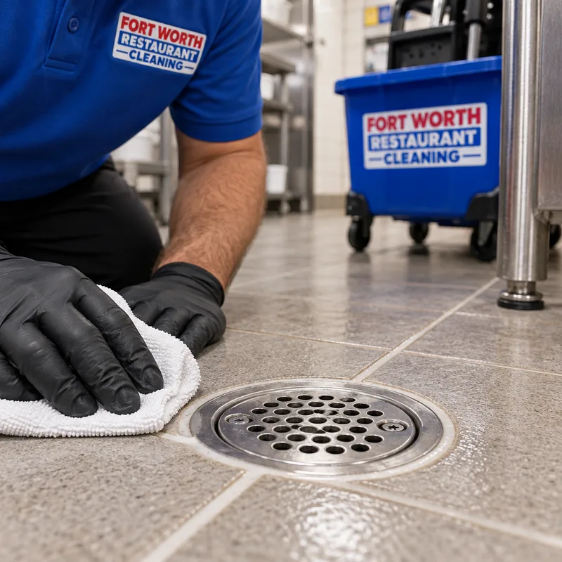Cleaned grout intersections and tile texture around a restaurant kitchen floor drain