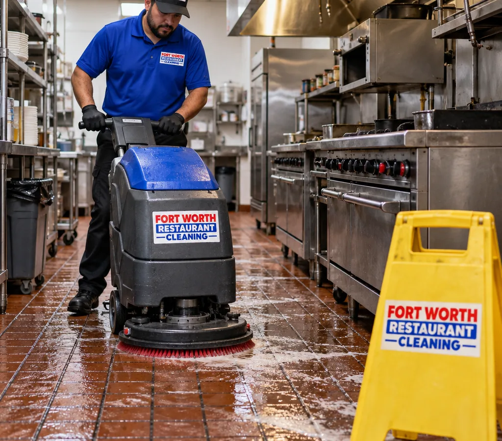 Technician using a commercial floor scrubber on greasy quarry tile near a restaurant cook line with wet floor signage visible
