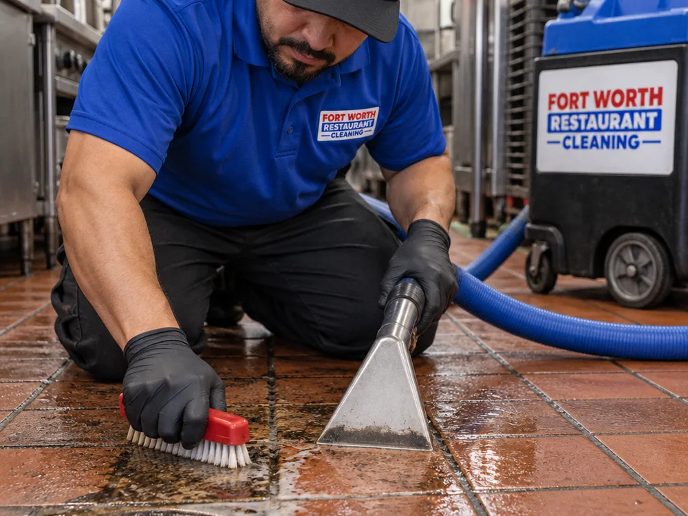 Restaurant quarry tile and grout being scrubbed and wet-extracted near a kitchen floor drain