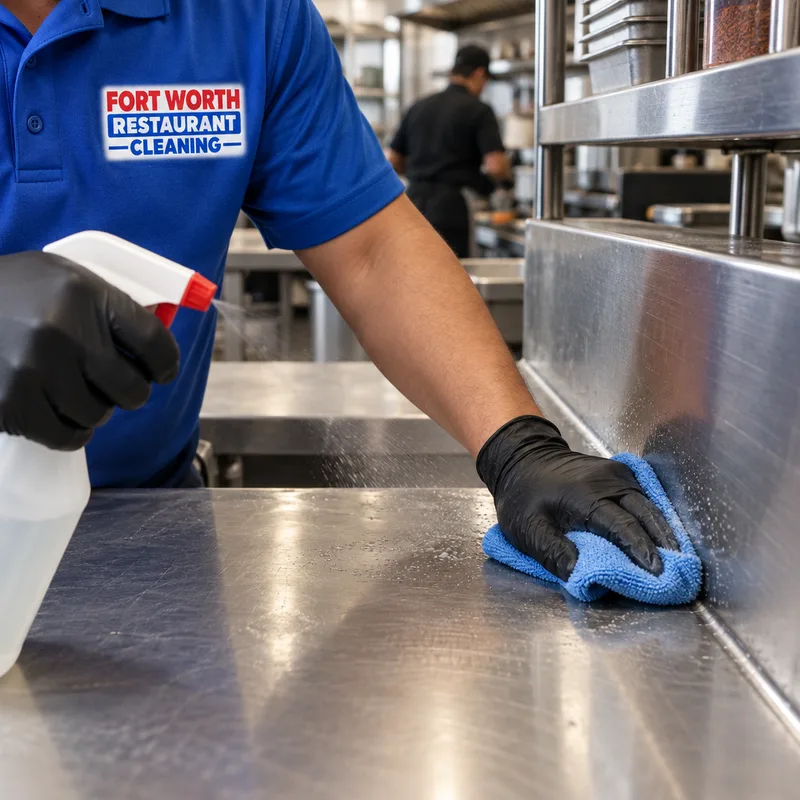 Cleaning a stainless prep table corner and backsplash seam with a microfiber cloth and food-safe sanitizer