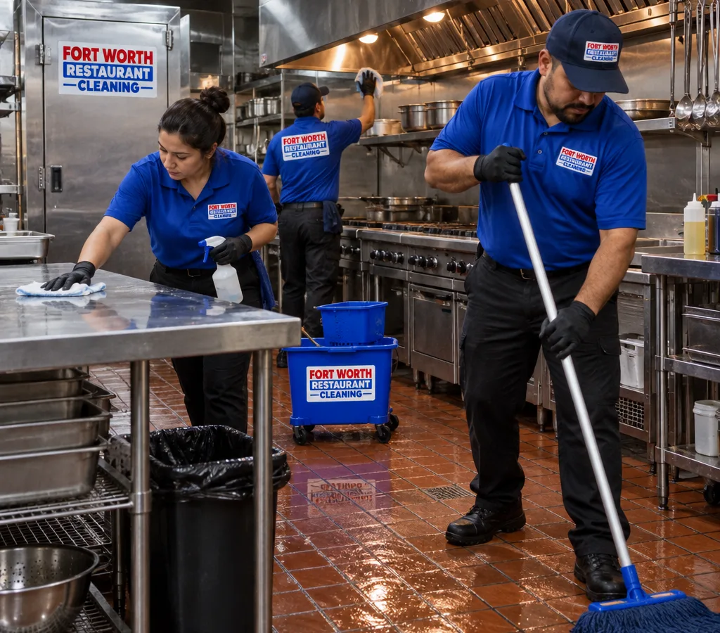 Night crew mopping quarry tile, wiping stainless prep tables, and sanitizing high-touch areas in a commercial kitchen