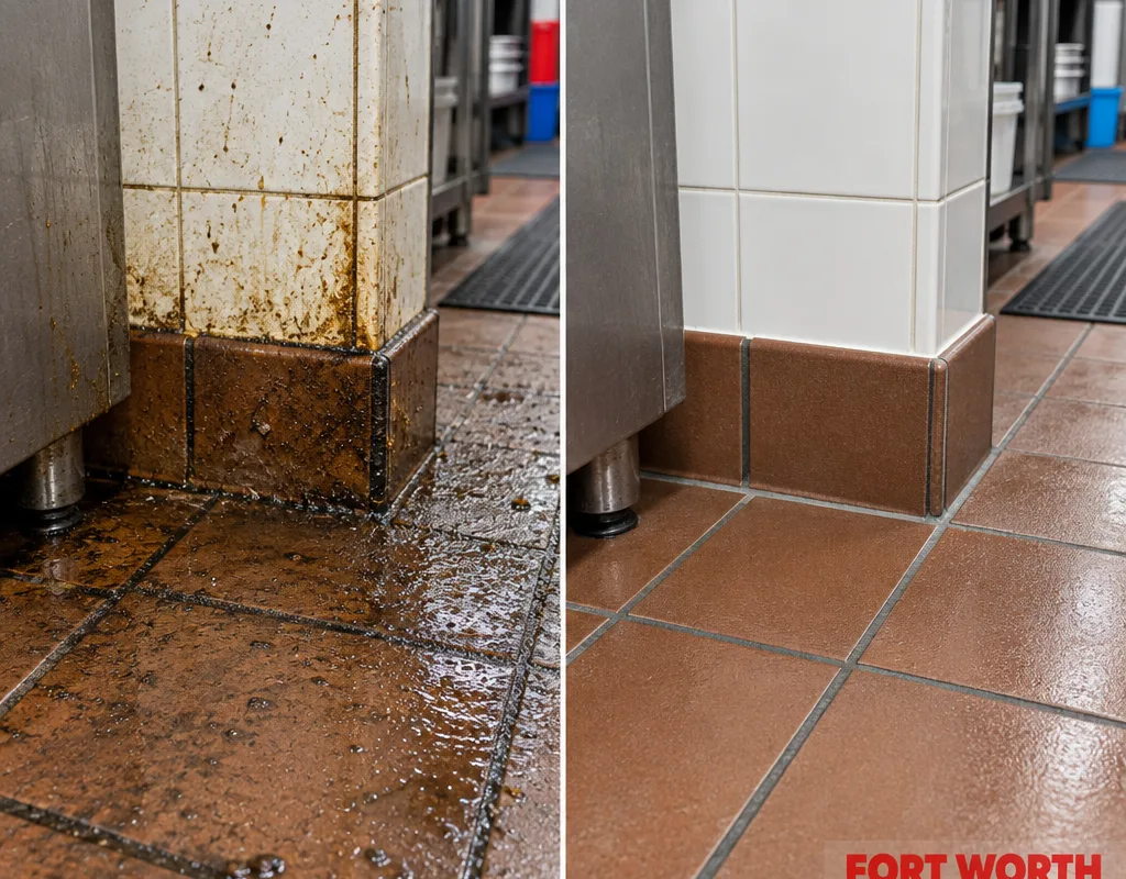 Before-and-after view of grease buildup removed from a kitchen floor corner and baseboard