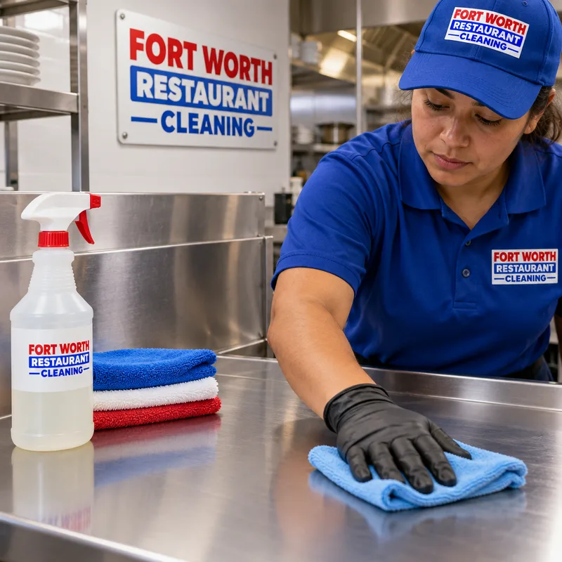 Cleaned stainless prep table and backsplash with labeled sanitizer and clean microfiber cloths