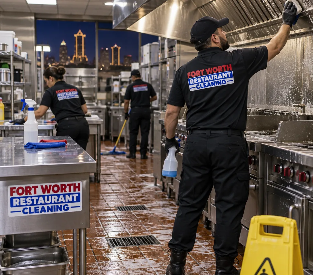 After-hours cleaning crew detailing a commercial kitchen line with food-safe supplies and safety signage