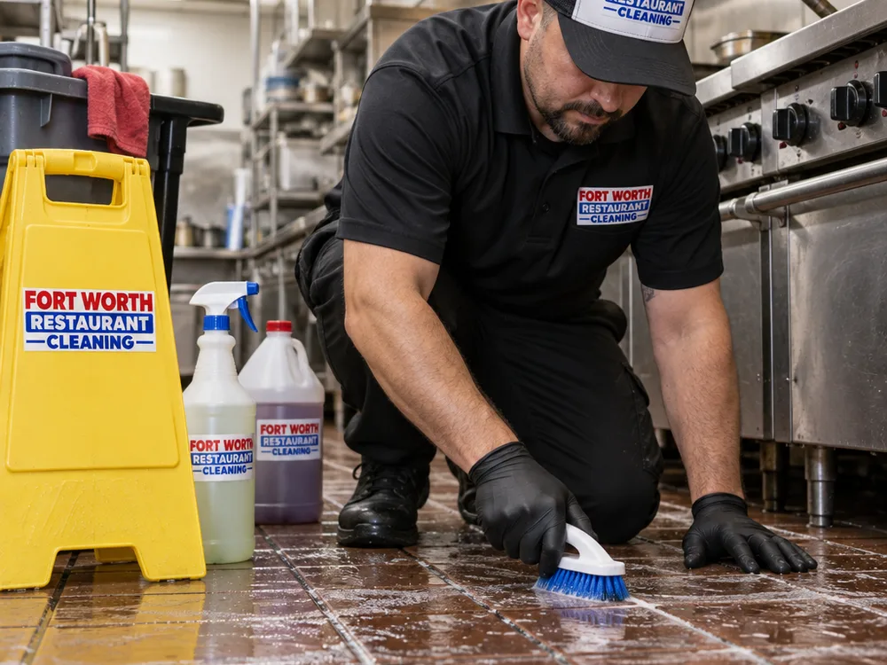 Technician scrubbing commercial kitchen tile and grout near a cook line with supplies staged safely