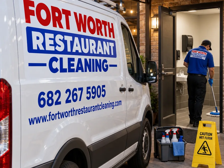 Uniformed cleaning technician placing a wet-floor sign and mopping a restaurant restroom after closing