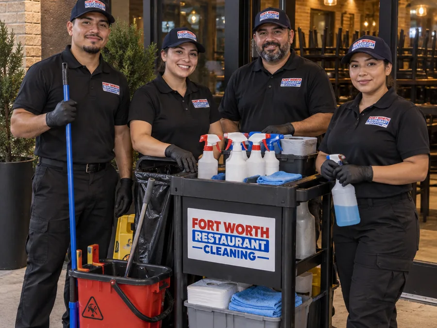 Uniformed restaurant cleaning crew staging labeled supplies before an after-hours shift